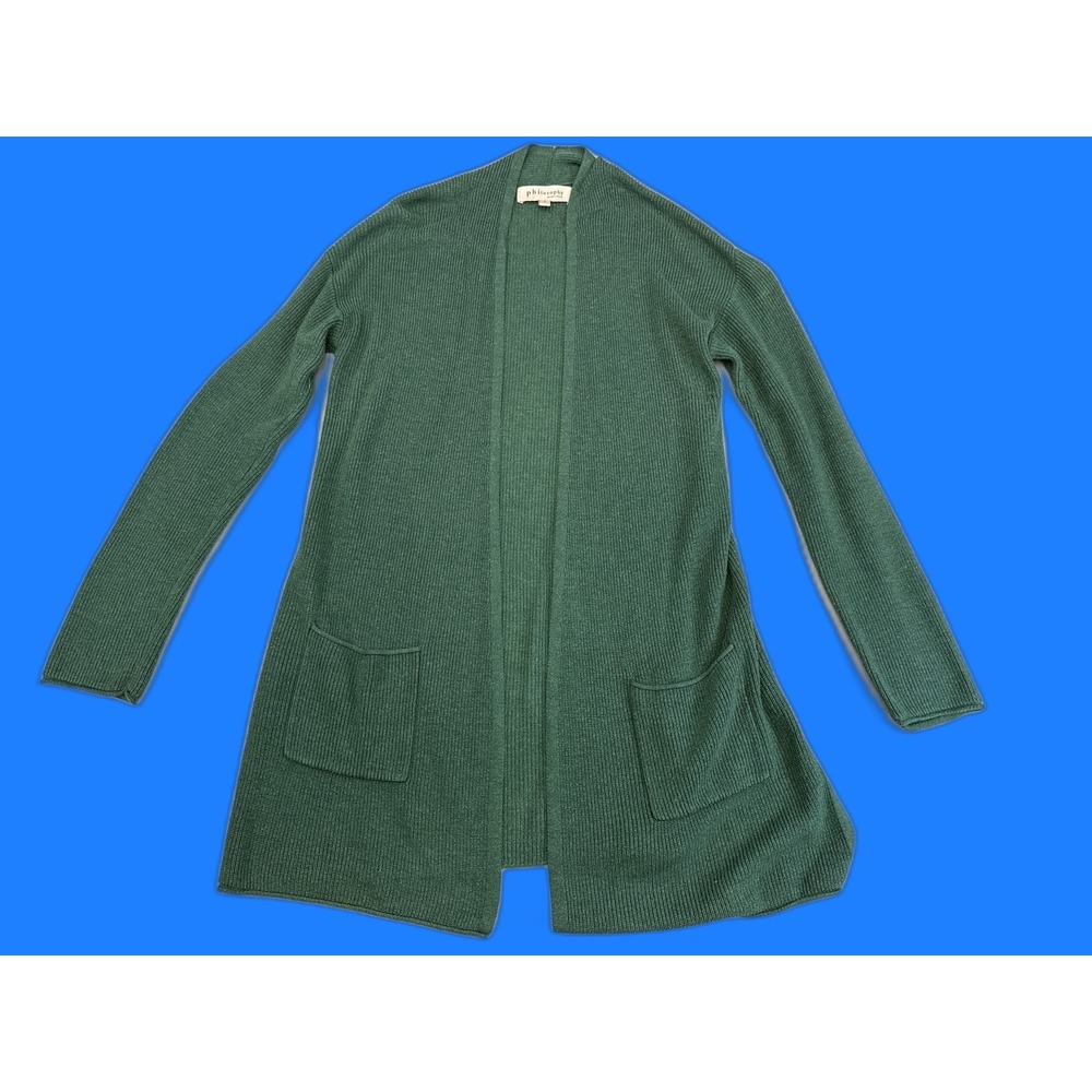 philosophy Republic Green Open Front Cardigan Womens S Long Sleeve Rayon Nylon